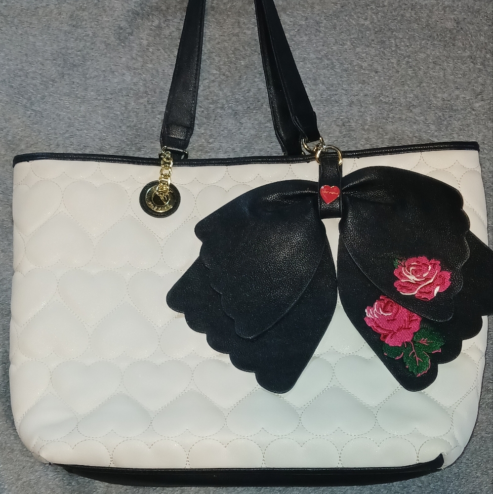 Betsey Johnson Black and White Tote Bag with Bow Accent